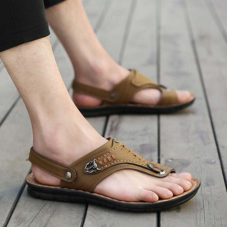 三羊公社 夏季凉鞋男士休闲沙滩鞋拖鞋舒适软底套趾 卡其色 39