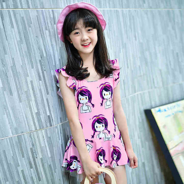 韩国新款中大童女童连体甜美游泳衣儿童夏季海边度假风保守泳装学生