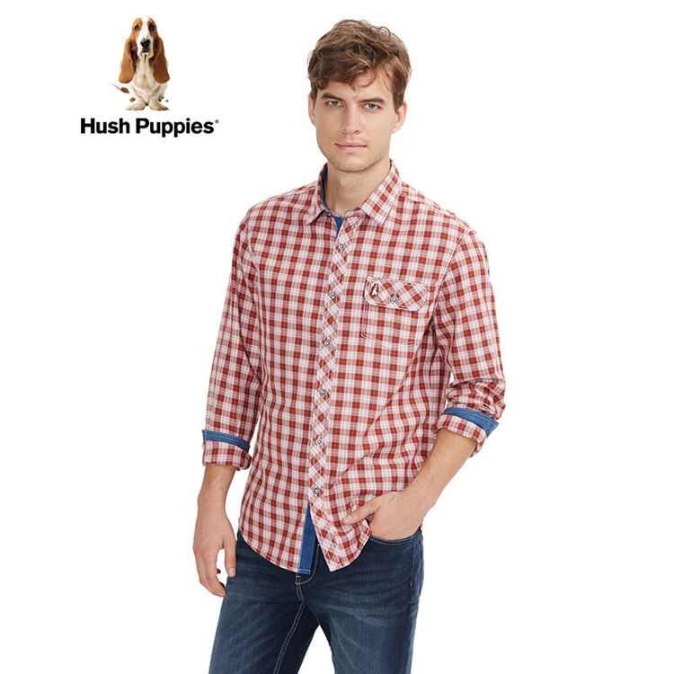 hushpuppies暇步士男装休闲格仔商务百搭长袖男士衬衫|pa-25506 中红