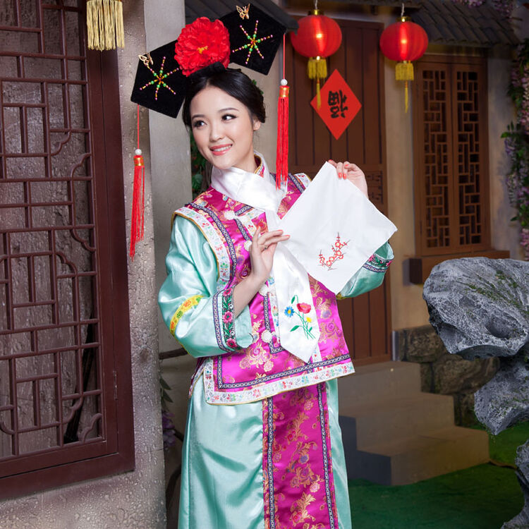 古装女清朝旗服还珠格格服饰女古装清朝格格服满族宫廷格格装古装 玫