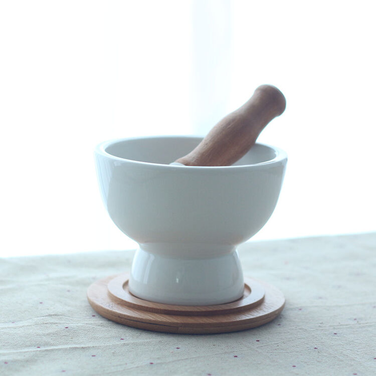 厨房用具陶瓷宝宝辅食研磨器碗钵捣蒜器捣药罐配盖原木棒 研磨钵