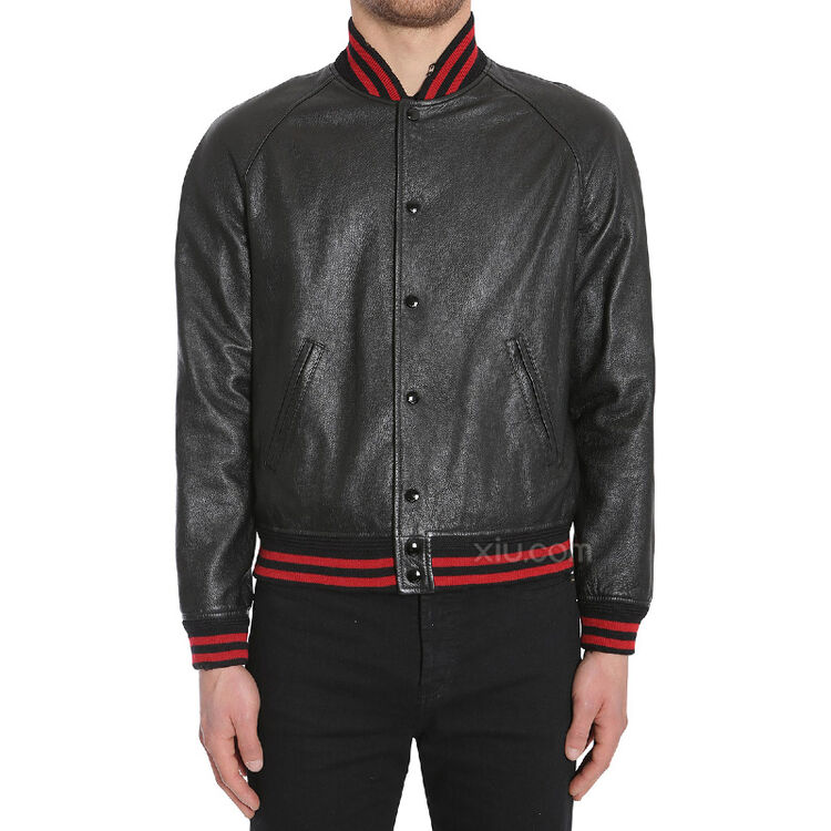 saint laurent ysl 圣罗兰 男士条纹皮夹克 黑色 46