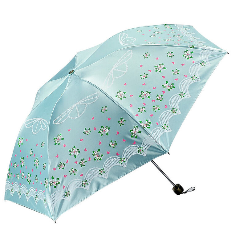 三折防紫外线太阳伞印花雨伞女士遮阳伞黑胶防晒伞 绿色