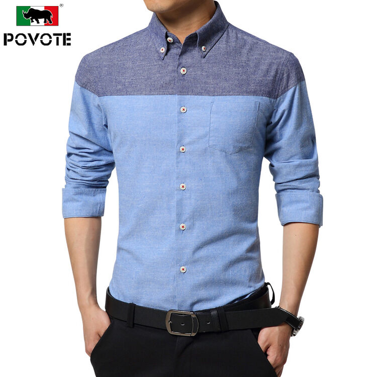 保威特犀牛 povote 长袖衬衫 男装2017新款商务时尚拼衬衣男 浅蓝 xl
