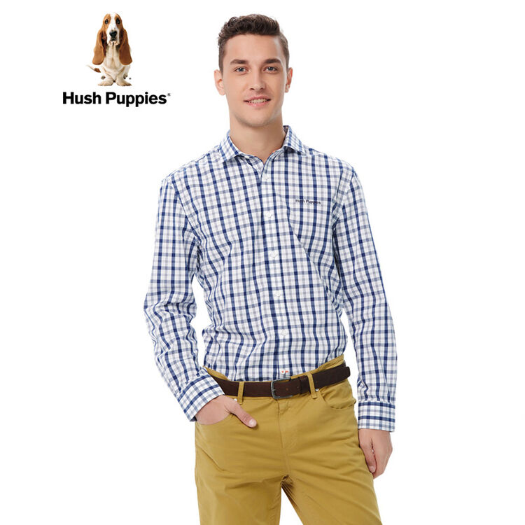 hushpuppies暇步士男装全棉经典格纹长袖男士衬衫|pa-26116 中蓝 s