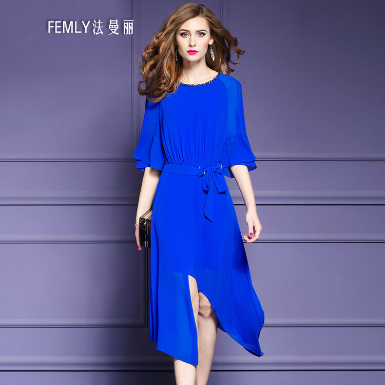 femly法曼丽 2017夏装新款蓝色雪纺连衣裙女喇叭袖修身不规则a字裙