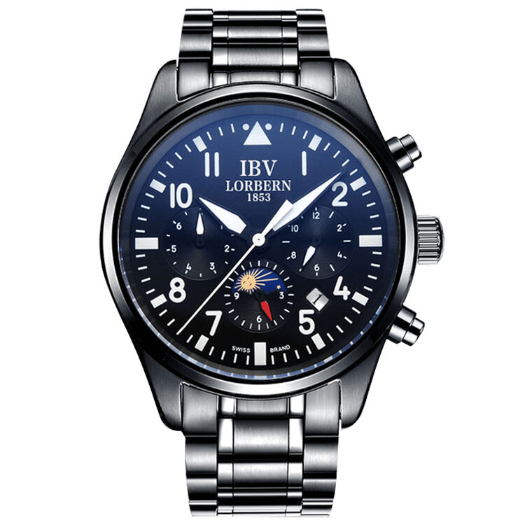 路宝(ibv) 手表男士机械表 月相多功能男士手表8656 全黑钢带-月相款