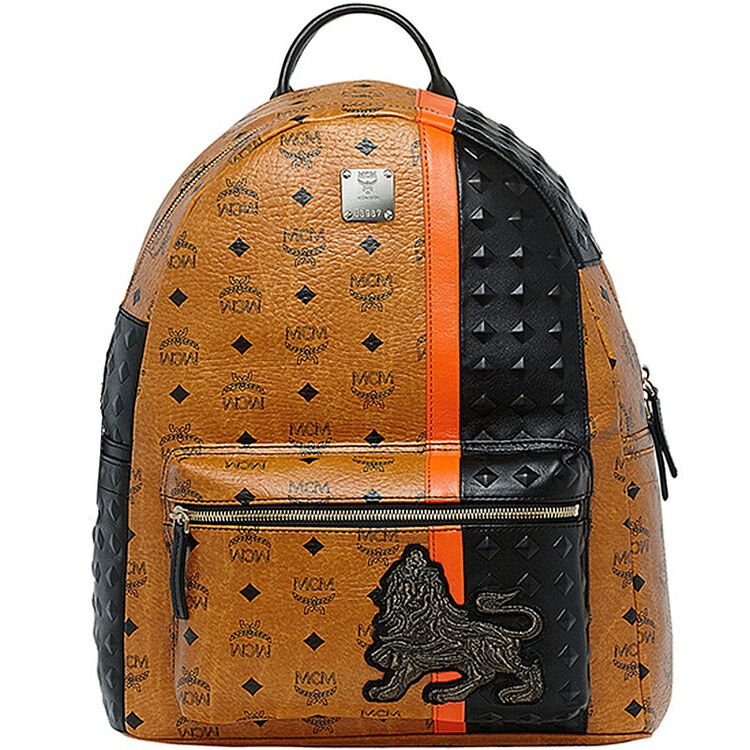 mcm 中性棕黑橙拼色狮子刺绣双肩背包 mmk5svu11co001