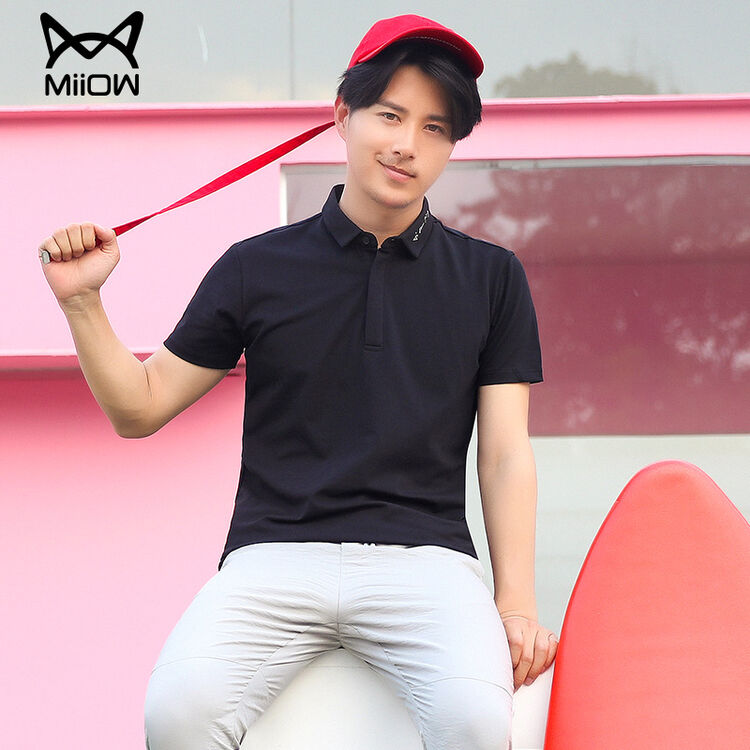 猫人男装 2017夏季新品男士纯色休闲短袖t恤百搭翻领polo衫 黑色 185