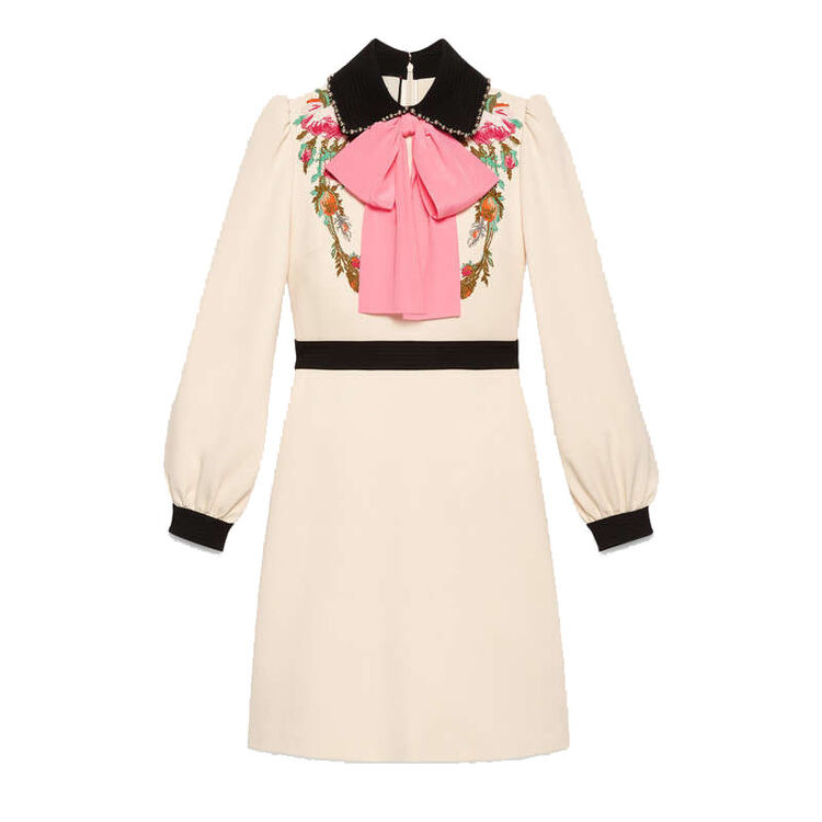 gucci古驰gucci女士时尚新款粉红色蝴蝶结花卉绣粘胶白色连衣裙479513