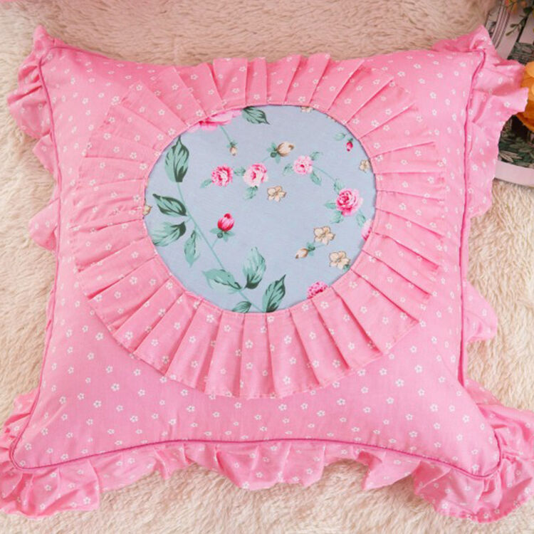 米尔卡尔家纺 韩版花边抱枕套全棉印花靠垫套 纯棉靠垫套子一对装 朵