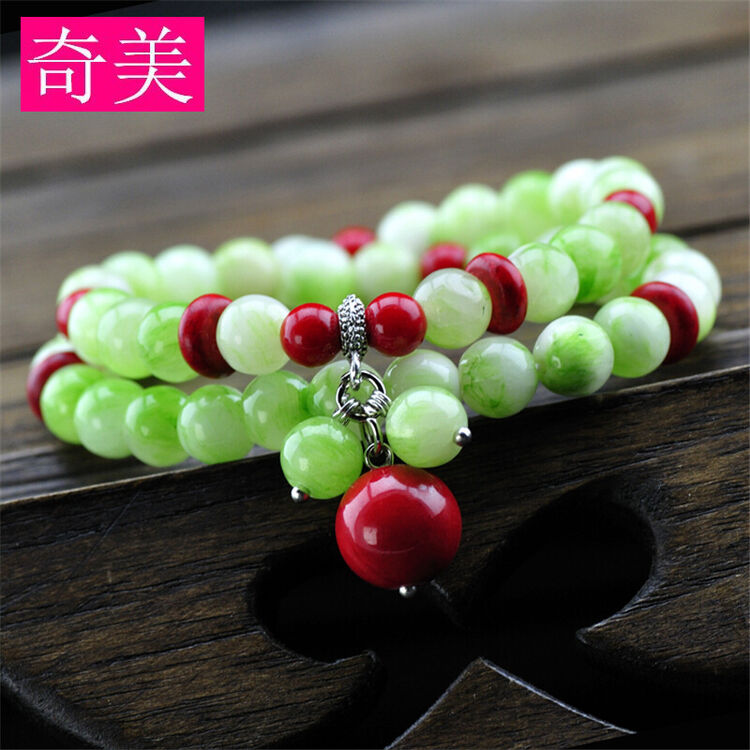 奇美 绿玉髓配珊瑚珠双层手链 女款