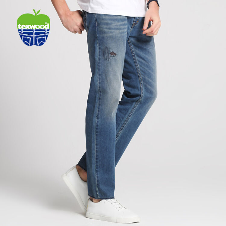texwood/ 萍果男款时髦磨破经典直脚牛仔裤9012928e 蓝色 34/31