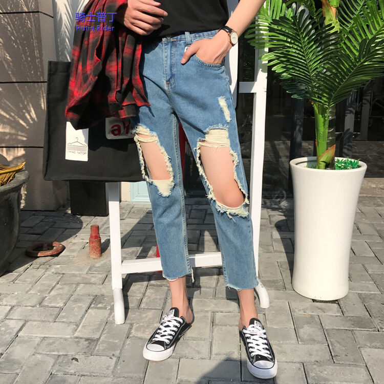 古莱登夏季新款大破洞乞丐牛仔裤潮男裤子九分裤日韩学生男刮烂破烂