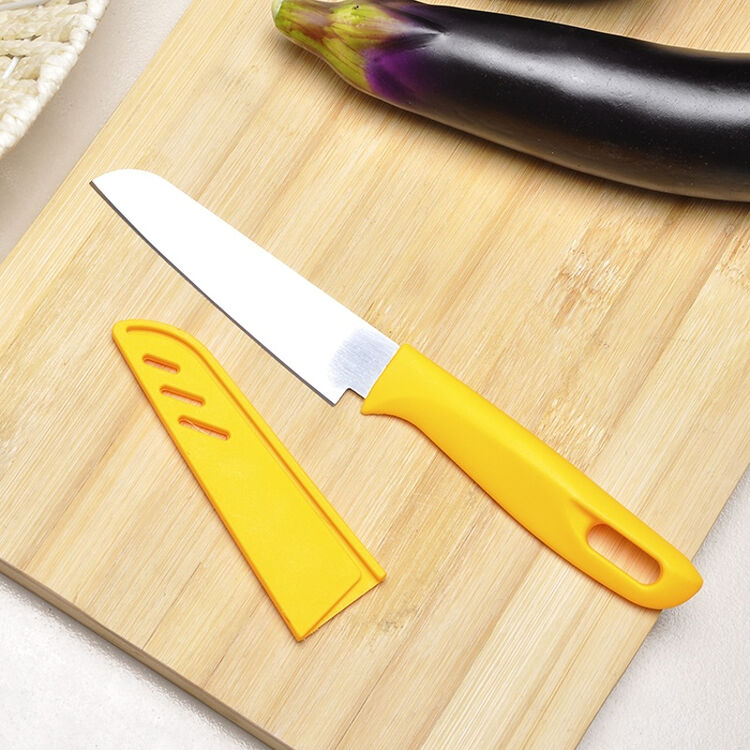 韩国糖果色水果刀厨房瓜果削皮刀家用不锈钢便携刀塑柄带套小刀 黄色