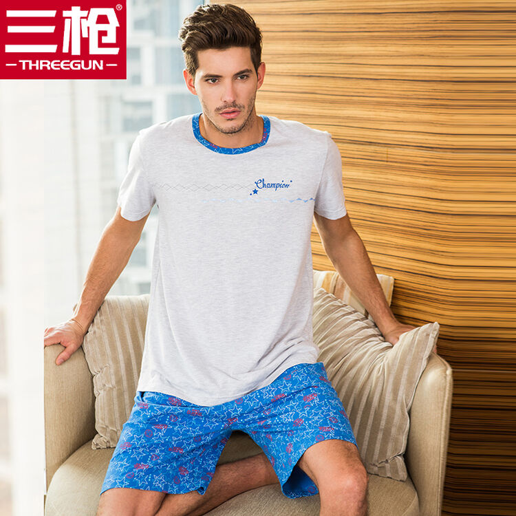 三枪家居服男士睡衣春夏舒肤棉睡衣圆领短袖短裤纯棉家居套装 麻灰