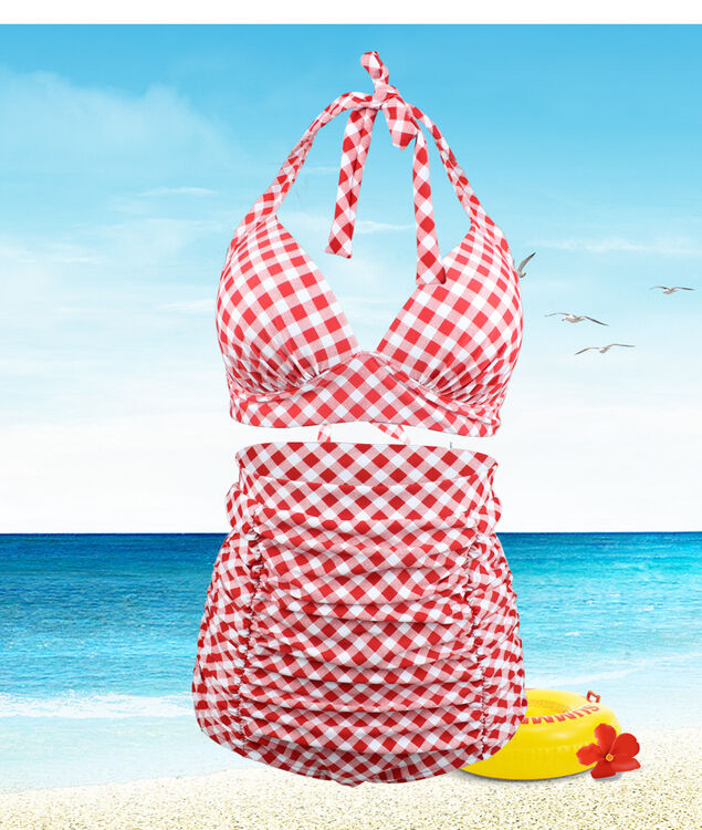 系带大胸比基尼孕妇游泳衣高腰加肥大码大罩杯efg格子泳装女产后2018