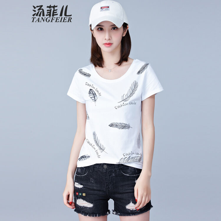 汤菲儿 t恤女 2017夏季新款韩版字母印花圆领短袖修身显瘦半袖百搭