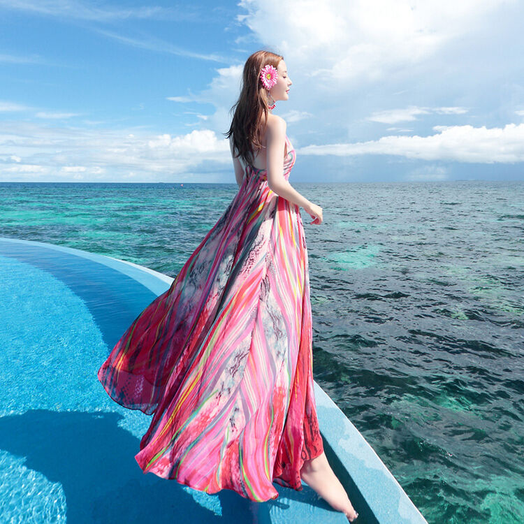 大裙摆沙滩裙长款连衣裙雪纺印花巴厘岛度假吊带裙 彩虹粉条纹 s