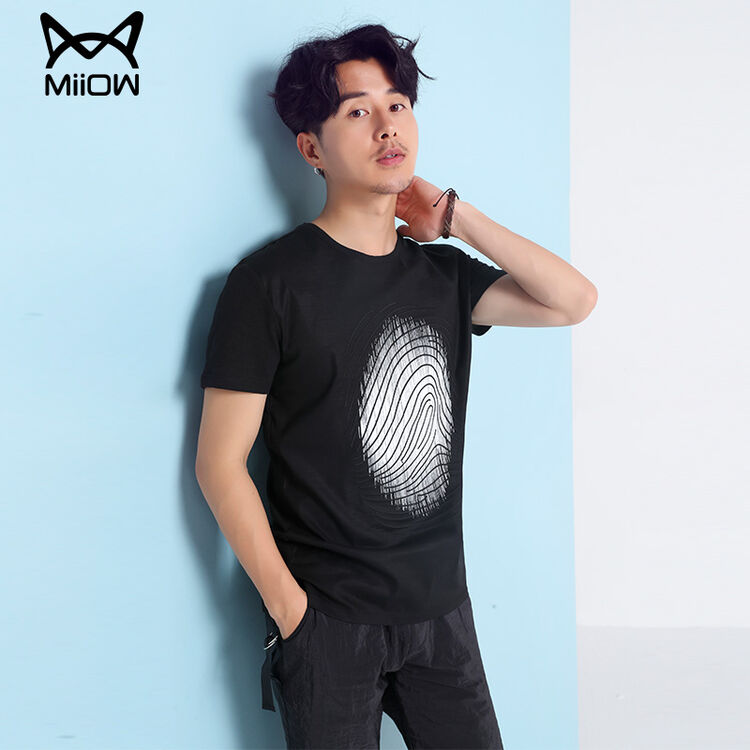 猫人男装 2017夏季新品男士黑色时尚潮流圆领短袖t恤薄款纯色t恤 黑色