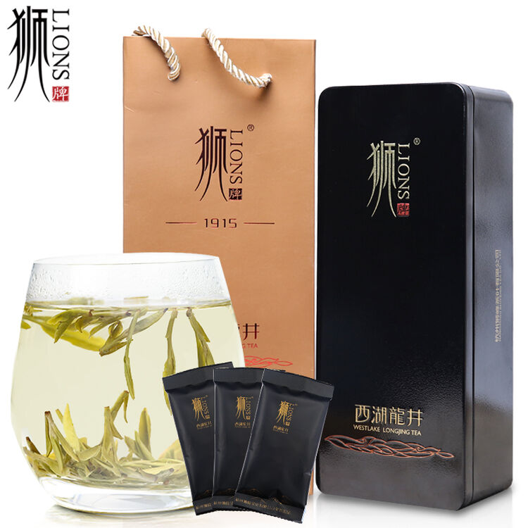 狮牌 西湖龙井明前特级茶冲氮保鲜2017绿茶龙井茶礼盒100g【长黑明前