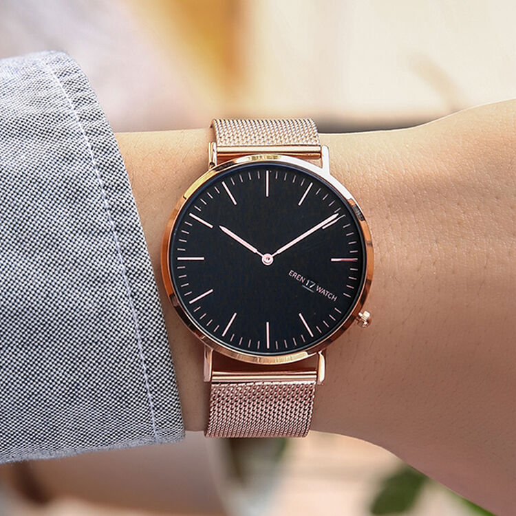 依伦(eren)男士手表薄款石英表皮表带防水休闲商务男表 玫瑰金钢带