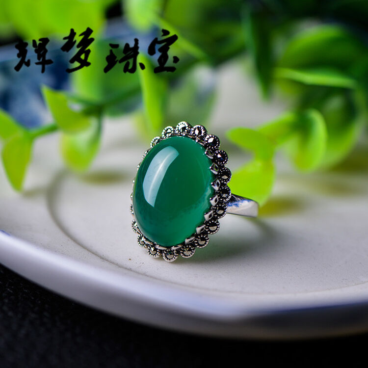 辉梦925银绿玛瑙戒指 复古女士食指指环