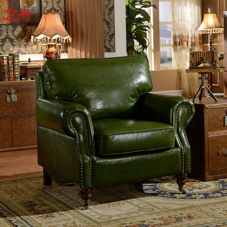 之舟大小户型客厅美式复古皮艺组合沙发 欧式沙发 1 2 3组合绿色 油蜡
