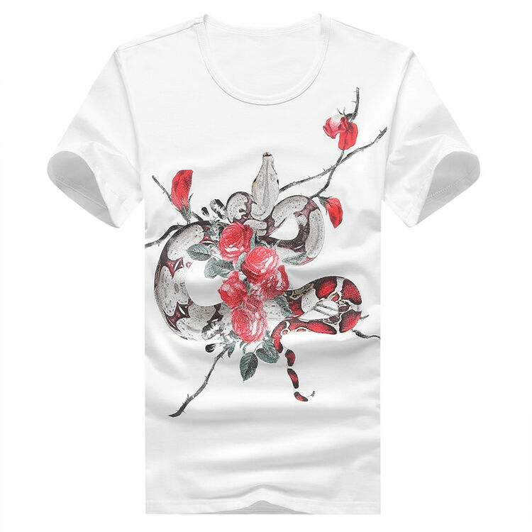 戈伦索 t恤男中国民族风牡丹印花彩绘短袖薄款夏天修身青年上衣 白色