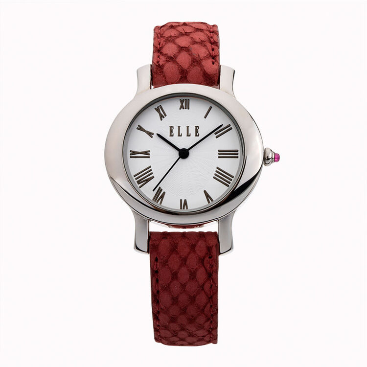elle手表女士手表复古罗马刻度皮带腕经典石英防水女表 红色el20029s