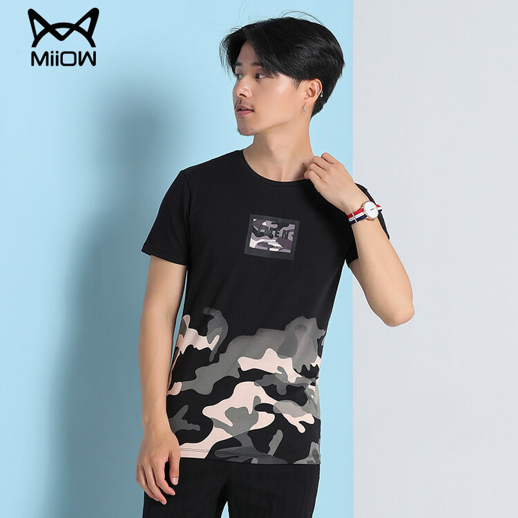 猫人男装 2017夏季t恤时尚潮流迷彩印花圆领短袖t恤男时尚体恤衫 黑色