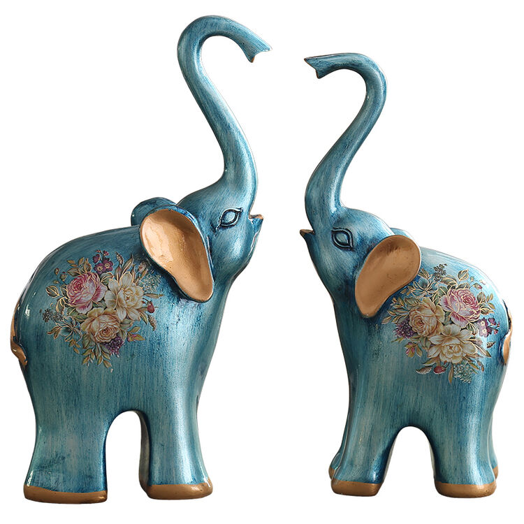 摆件欧式创意树脂大象造型彩绘工艺家居客厅书房桌面装饰品 一对