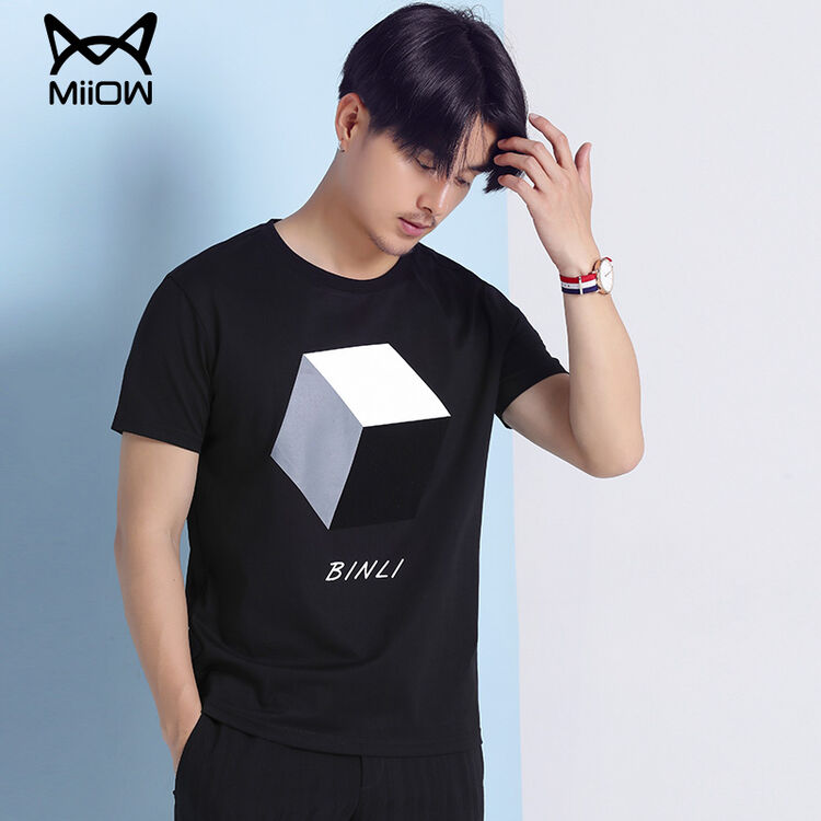 猫人男装 2017夏季新品纯色时尚百搭t恤圆领短袖t恤男韩版半袖衫 黑色