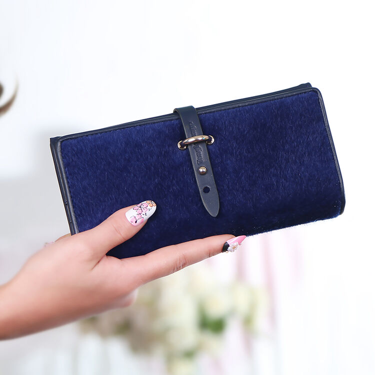 探戈2017春季新款兔毛钱包女长款钱包多卡位韩版皮夹 子夜蓝