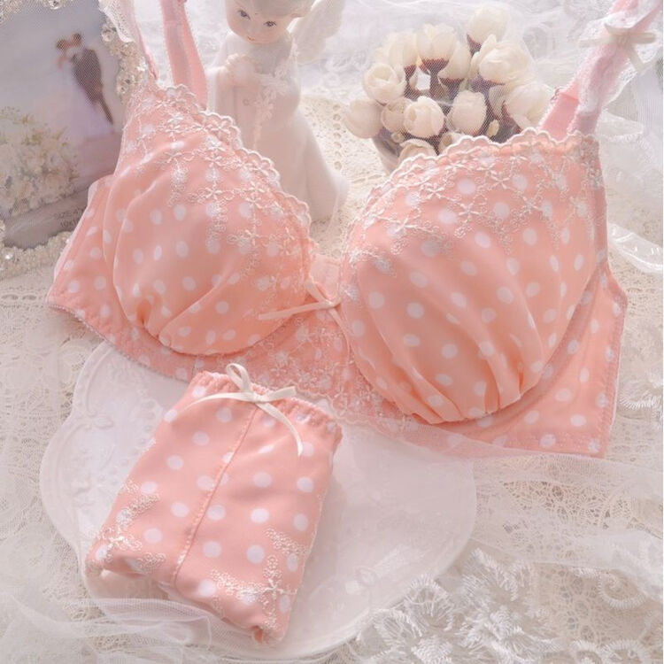 nilada 法国时尚2017夏新款舒适文胸薄杯可爱少女内衣粉色波点刺绣