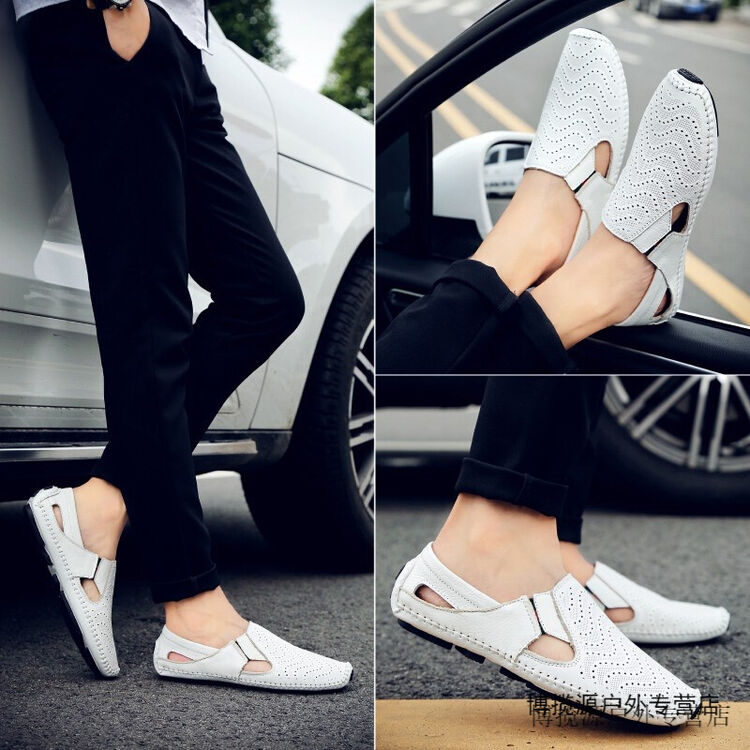 凉鞋男士夏季2017休闲鞋真皮个性韩版运动沙滩镂空透气开车鞋 白色 38