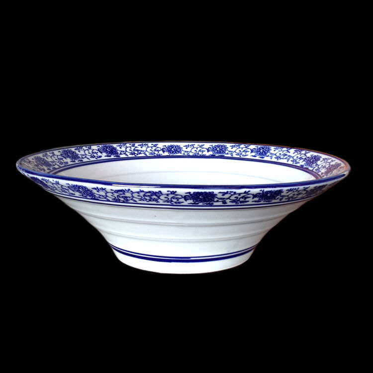 酒店青花瓷餐具陶瓷汤碗大碗高脚斗笠喇叭碗拉面碗家用水煮鱼盆 满花