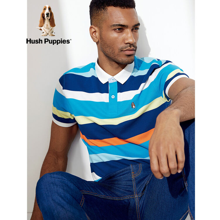 hushpuppies暇步士男装夏彩色条纹短袖男士polo衫|pd-27307 中蓝 xxl