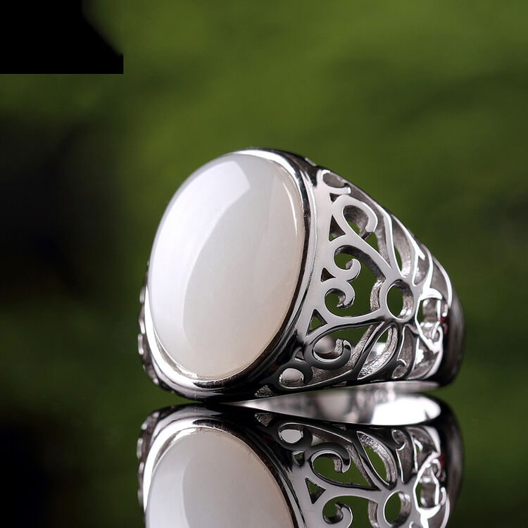 宋宫玉 和田玉戒指男士925银镶玉活口男戒玉石指环和田白玉扳指