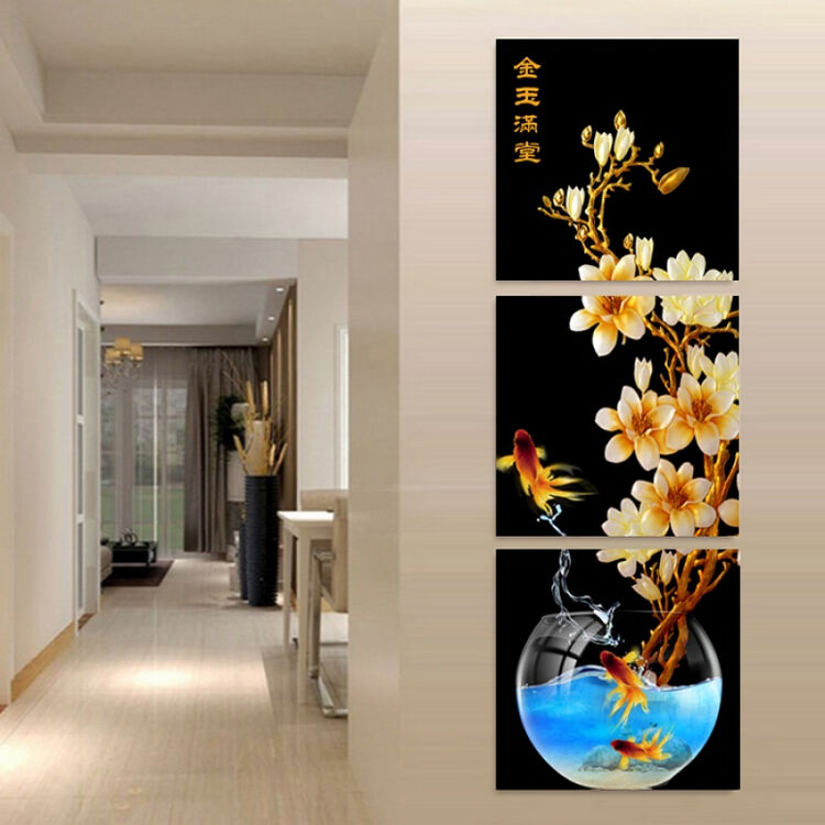 现代简约三联壁画玄关装饰画走廊过道挂画抽象竖版无框画金玉满堂