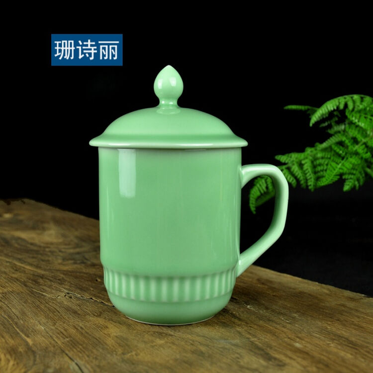 陶瓷大茶杯瓷水杯办公杯老板杯特大号泡茶杯超大水杯茶杯礼品 梅子青