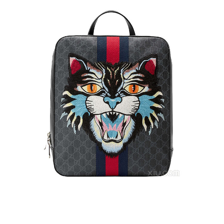 gucci 古驰 男士gg supreme愤怒猫咪印花双肩包 黑色 f