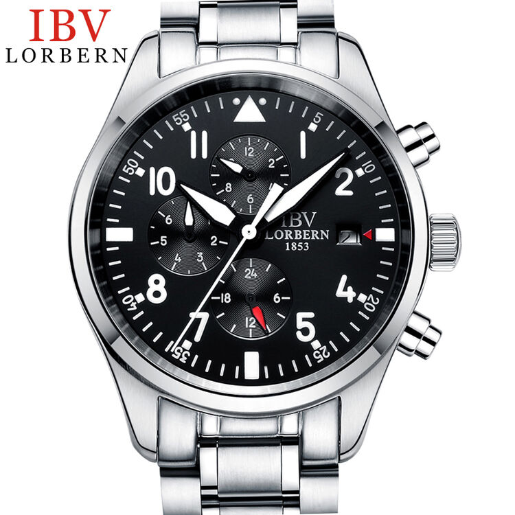 路宝(ibv) 手表男士机械表 月相多功能男士手表8656 银黑钢带-24小时