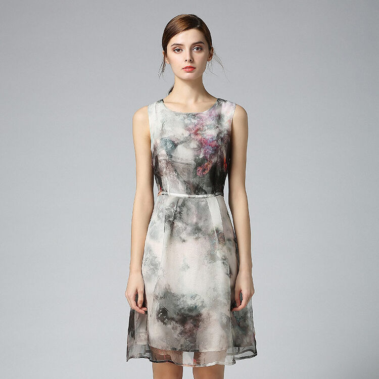 rebecca)真丝水墨印花无袖收腰桑蚕丝a字裙 72042e 水墨色 m码