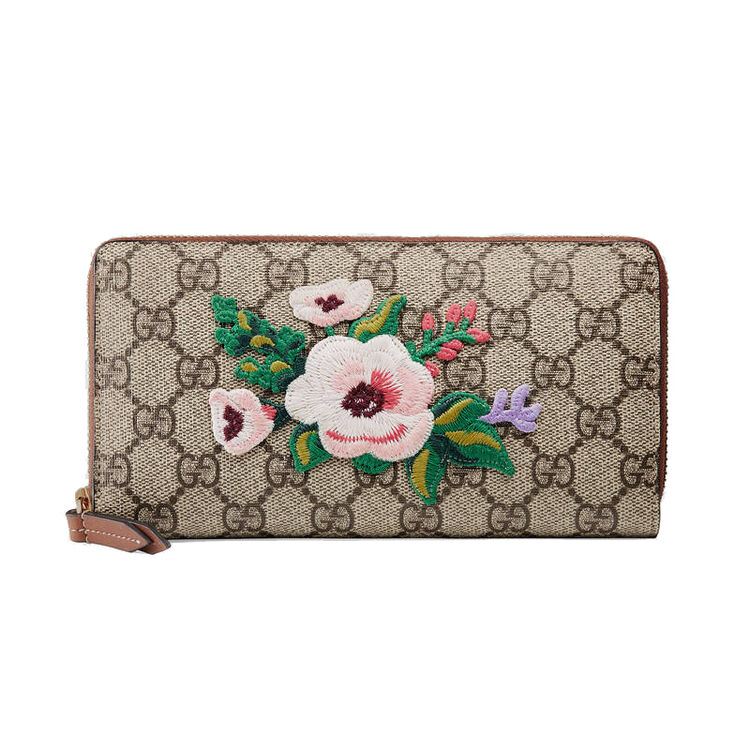 全球购 古驰gucci 女士新款棕色皮革装饰刺绣花拉链开合钱包456863 k8