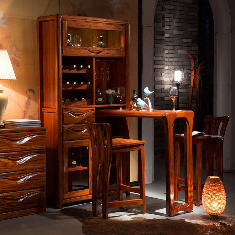 金丝檀木吧台酒柜 高档实木高酒柜 现代新中式吧台凳组合 吧凳*1(400*