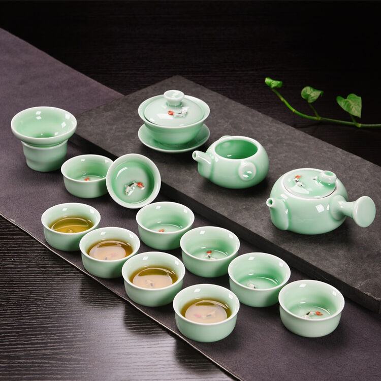 古臻 青瓷茶具套装 盖碗茶壶鱼杯套装 青瓷彩鲤鱼茶具套装 青瓷茶具