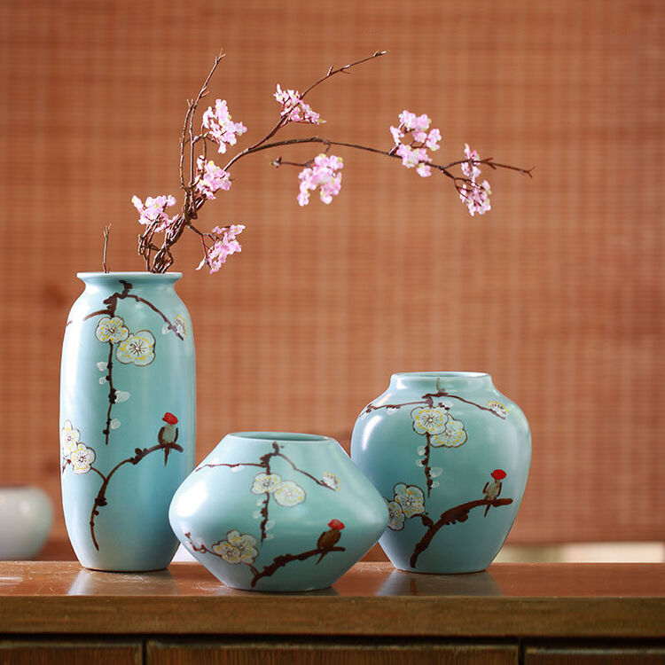 贝汉美(bhm) 地中海家居花瓶摆件 手绘梅花花瓶 客厅电视柜红酒柜玄关