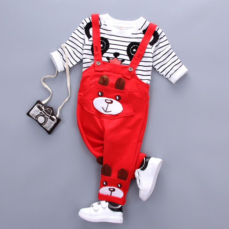 图男童背带裤套装 韩版卡通小熊宝宝中小童长袖2017秋季新款套装 红色