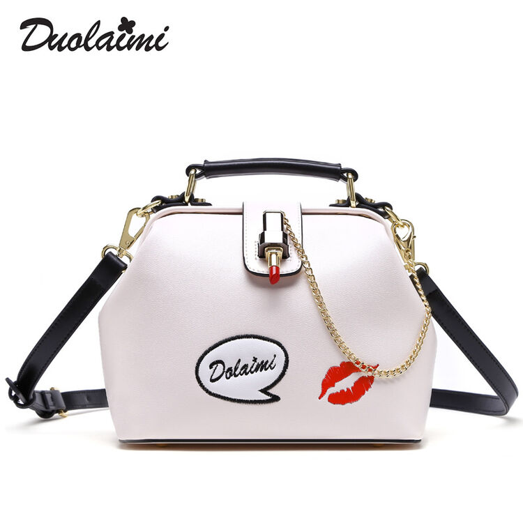 多来米包包 潮锁扣小包刺绣红唇贝壳包单肩斜挎包 白色